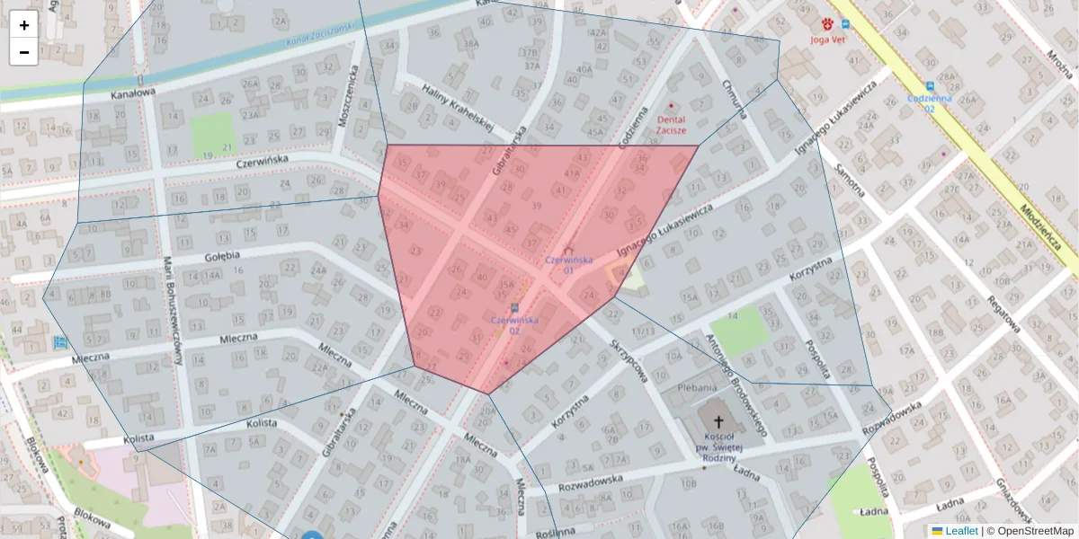 Szczegółowa mapa kodu pocztowego 03-668 z granicami, sąsiednimi kodami pocztowymi i urzędami pocztowymi