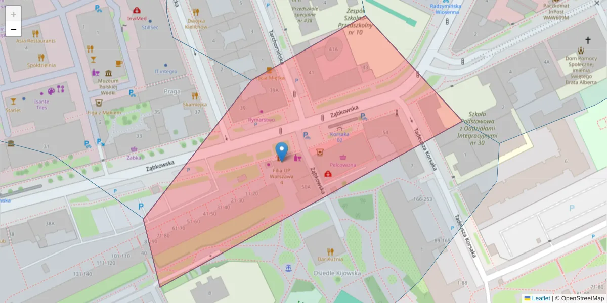 Szczegółowa mapa kodu pocztowego 03-725 z granicami, sąsiednimi kodami pocztowymi i urzędami pocztowymi