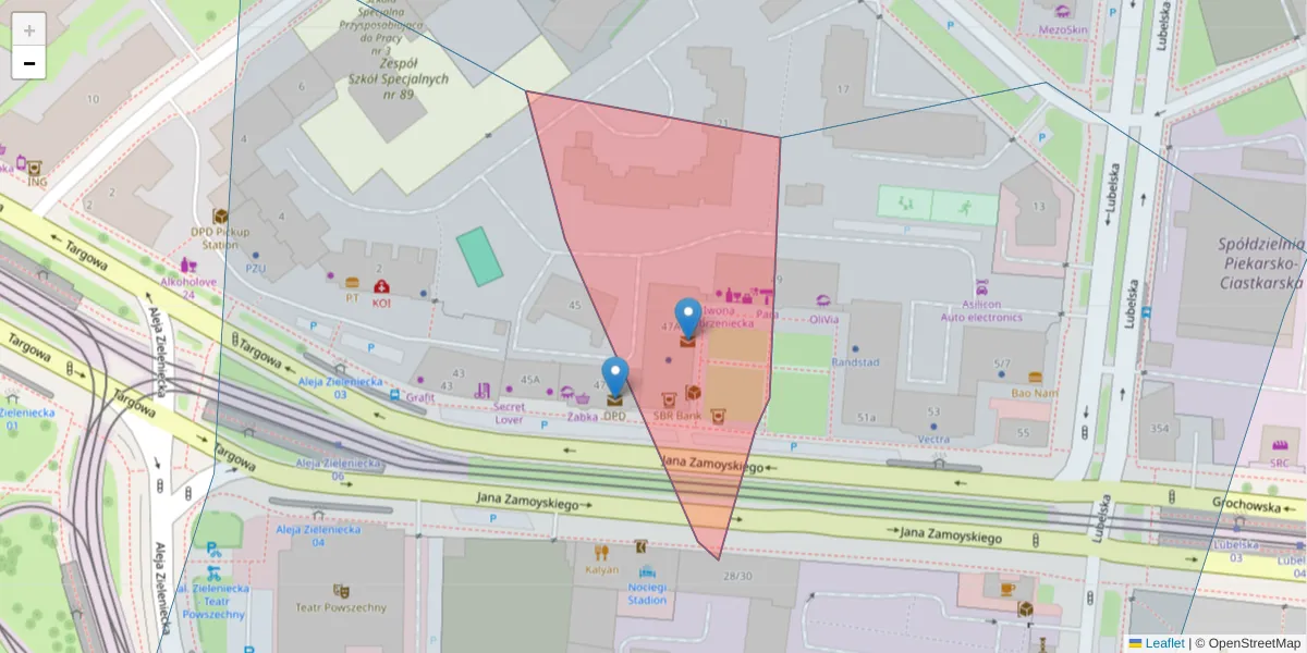 Szczegółowa mapa kodu pocztowego 03-726 z granicami, sąsiednimi kodami pocztowymi i urzędami pocztowymi