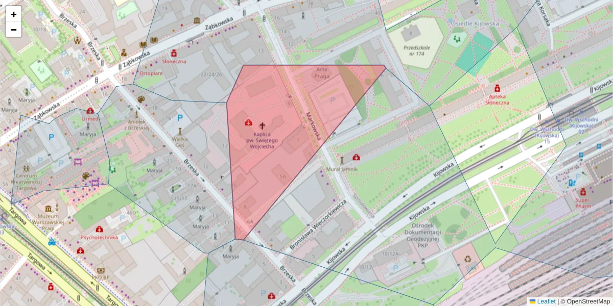 Szczegółowa mapa kodu pocztowego 03-742 z granicami, sąsiednimi kodami pocztowymi i urzędami pocztowymi
