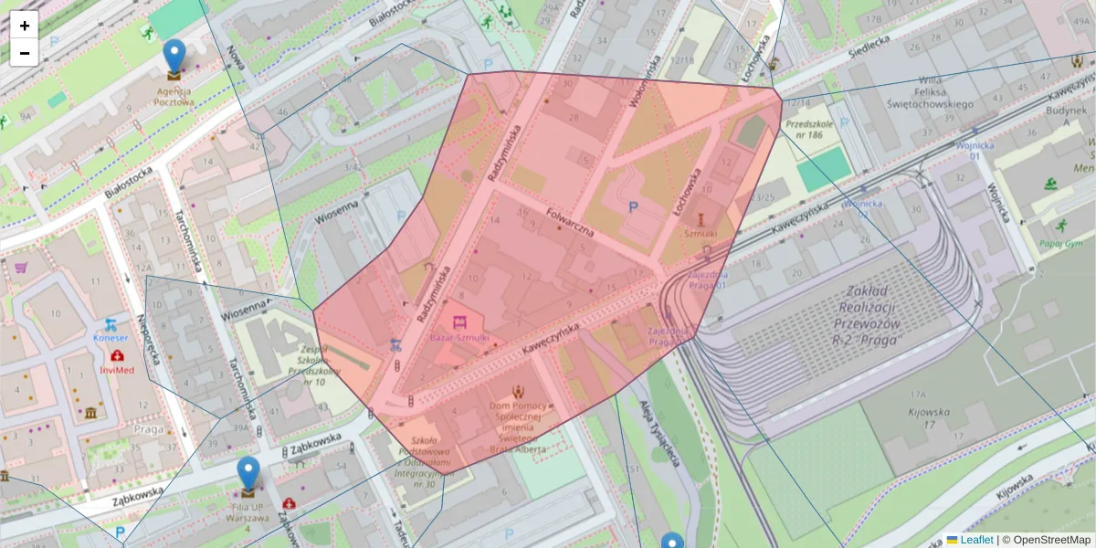 Szczegółowa mapa kodu pocztowego 03-752 z granicami, sąsiednimi kodami pocztowymi i urzędami pocztowymi