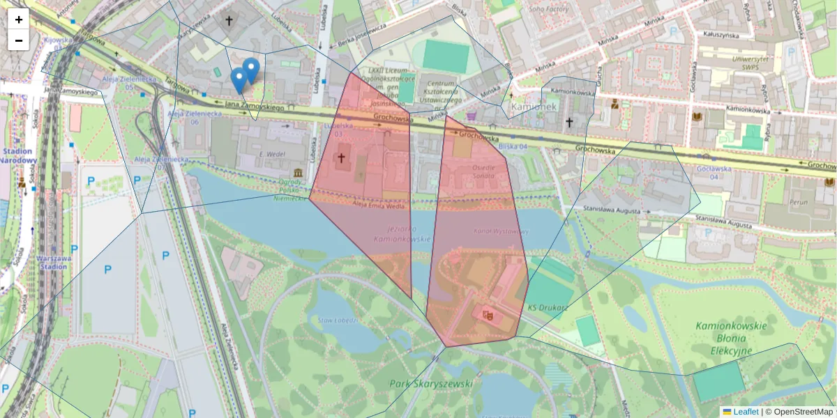 Szczegółowa mapa kodu pocztowego 03-822 z granicami, sąsiednimi kodami pocztowymi i urzędami pocztowymi