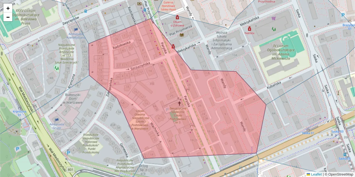 Szczegółowa mapa kodu pocztowego 03-945 z granicami, sąsiednimi kodami pocztowymi i urzędami pocztowymi