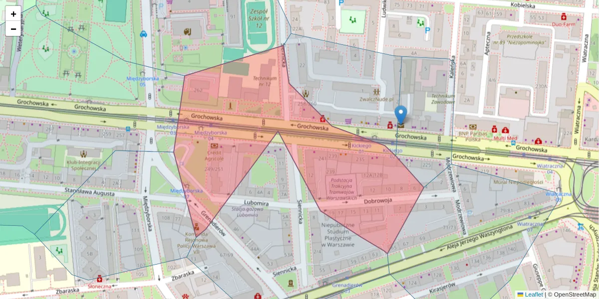 Szczegółowa mapa kodu pocztowego 04-001 z granicami, sąsiednimi kodami pocztowymi i urzędami pocztowymi