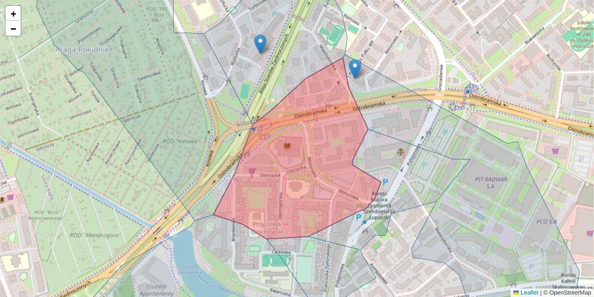Szczegółowa mapa kodu pocztowego 04-035 z granicami, sąsiednimi kodami pocztowymi i urzędami pocztowymi