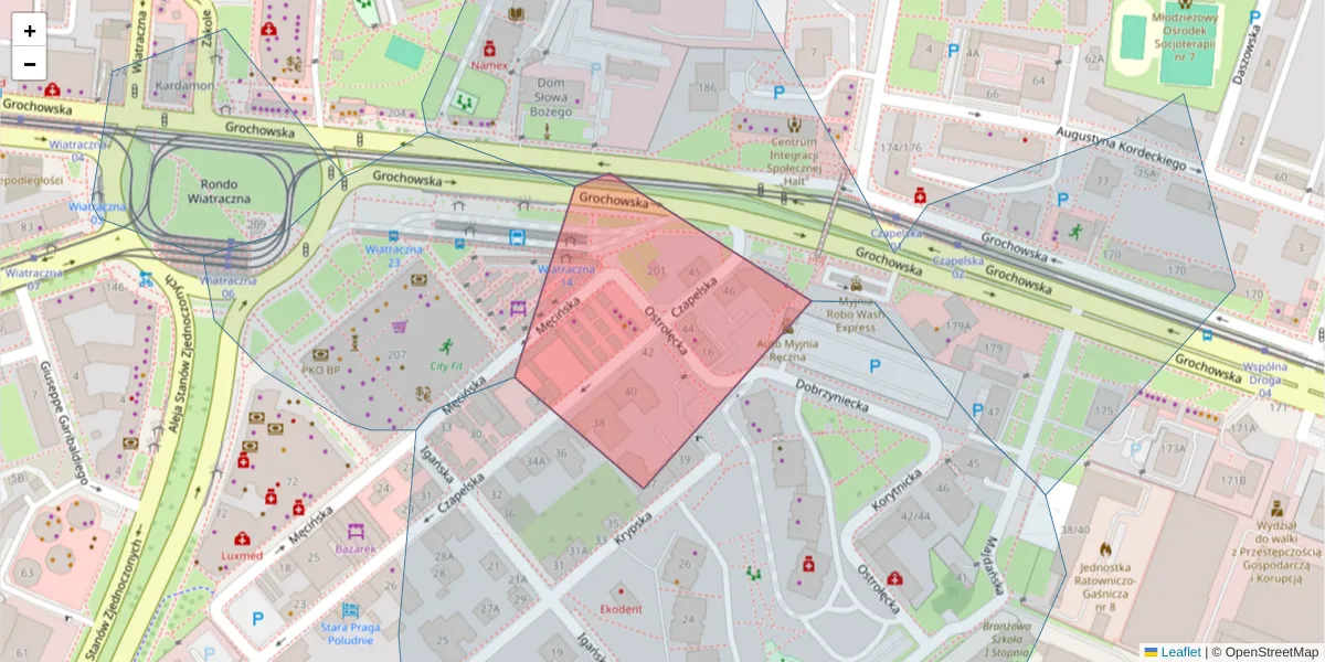 Szczegółowa mapa kodu pocztowego 04-081 z granicami, sąsiednimi kodami pocztowymi i urzędami pocztowymi