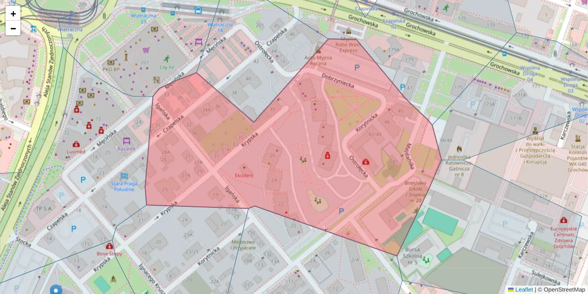 Szczegółowa mapa kodu pocztowego 04-083 z granicami, sąsiednimi kodami pocztowymi i urzędami pocztowymi