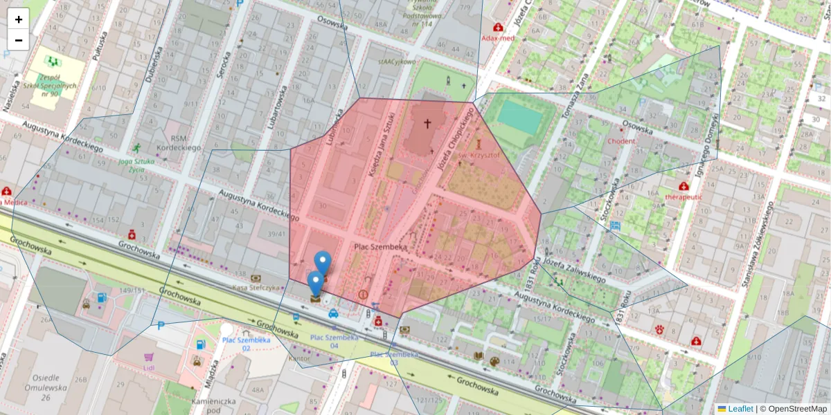 Szczegółowa mapa kodu pocztowego 04-142 z granicami, sąsiednimi kodami pocztowymi i urzędami pocztowymi