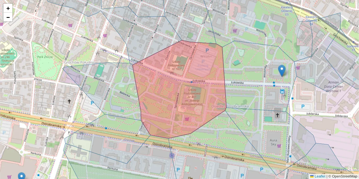 Szczegółowa mapa kodu pocztowego 04-174 z granicami, sąsiednimi kodami pocztowymi i urzędami pocztowymi