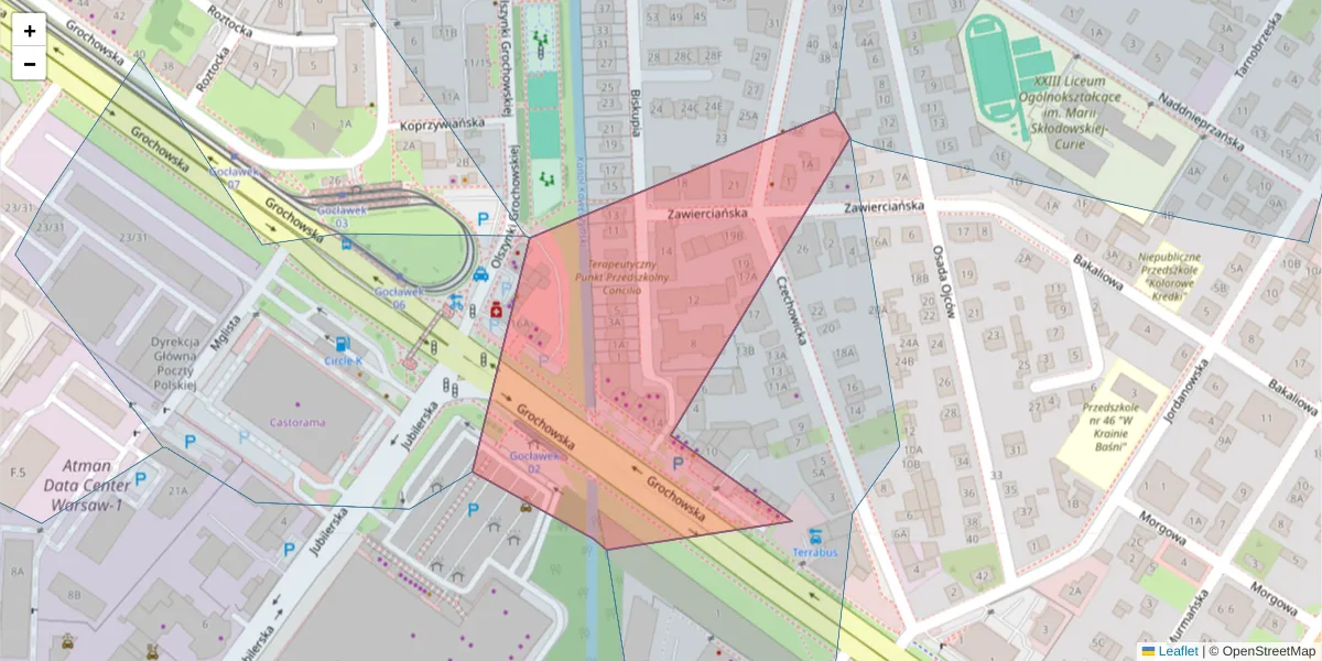 Szczegółowa mapa kodu pocztowego 04-217 z granicami, sąsiednimi kodami pocztowymi i urzędami pocztowymi