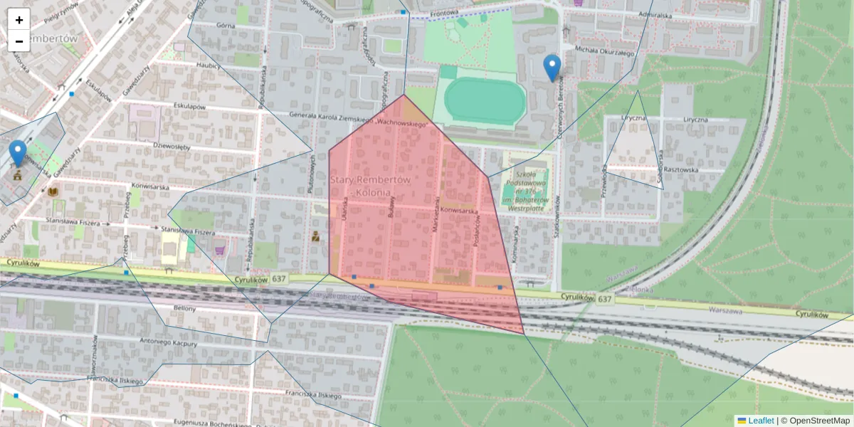 Szczegółowa mapa kodu pocztowego 04-409 z granicami, sąsiednimi kodami pocztowymi i urzędami pocztowymi