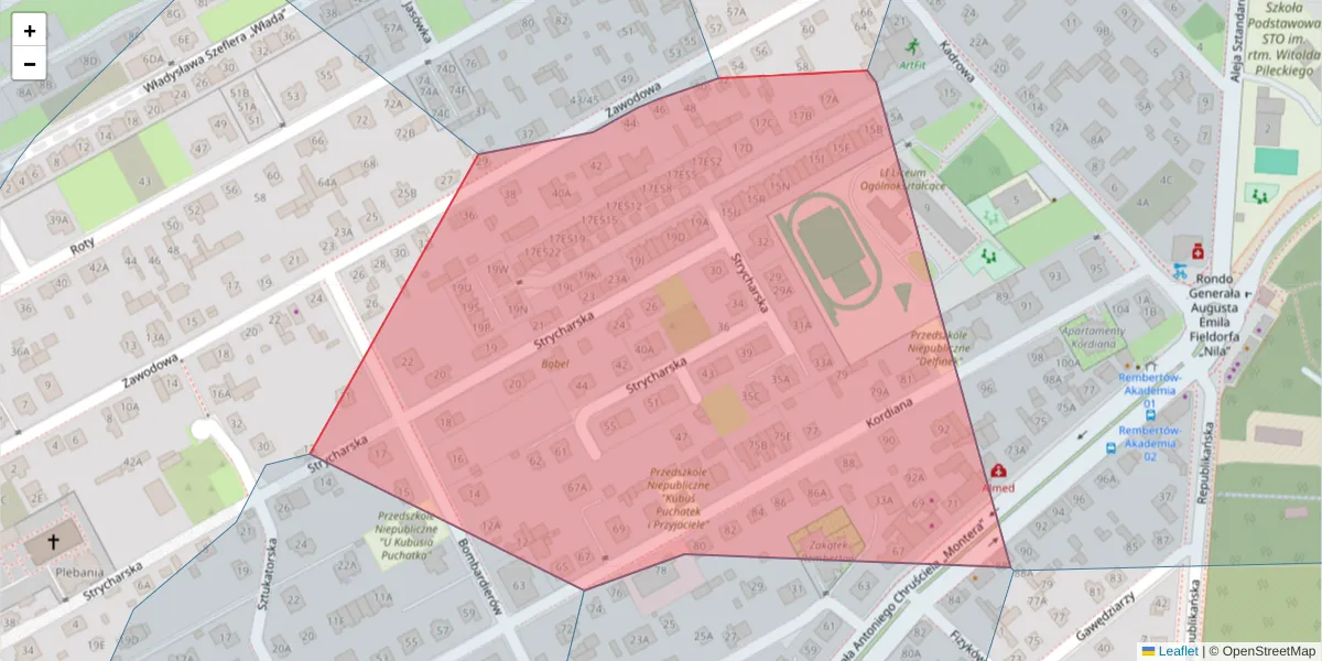 Szczegółowa mapa kodu pocztowego 04-416 z granicami, sąsiednimi kodami pocztowymi i urzędami pocztowymi