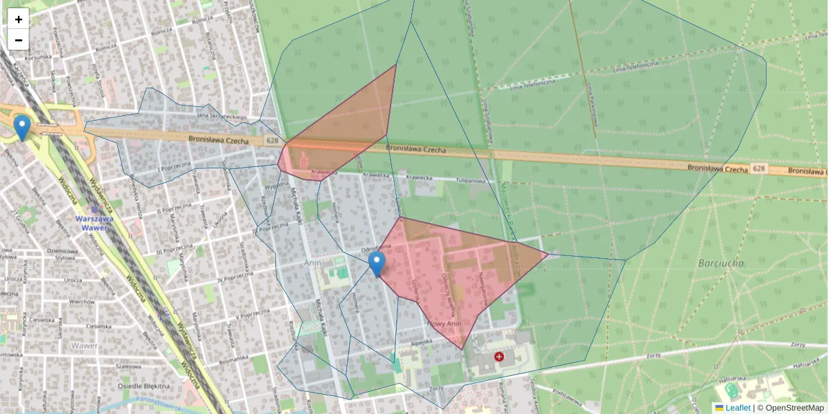 Szczegółowa mapa kodu pocztowego 04-627 z granicami, sąsiednimi kodami pocztowymi i urzędami pocztowymi