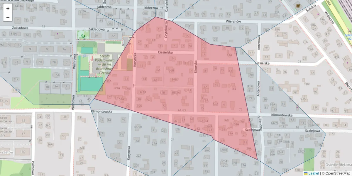 Szczegółowa mapa kodu pocztowego 04-654 z granicami, sąsiednimi kodami pocztowymi i urzędami pocztowymi