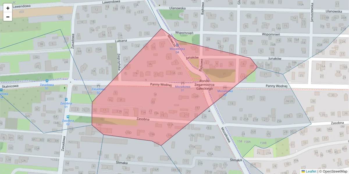 Szczegółowa mapa kodu pocztowego 04-877 z granicami, sąsiednimi kodami pocztowymi i urzędami pocztowymi