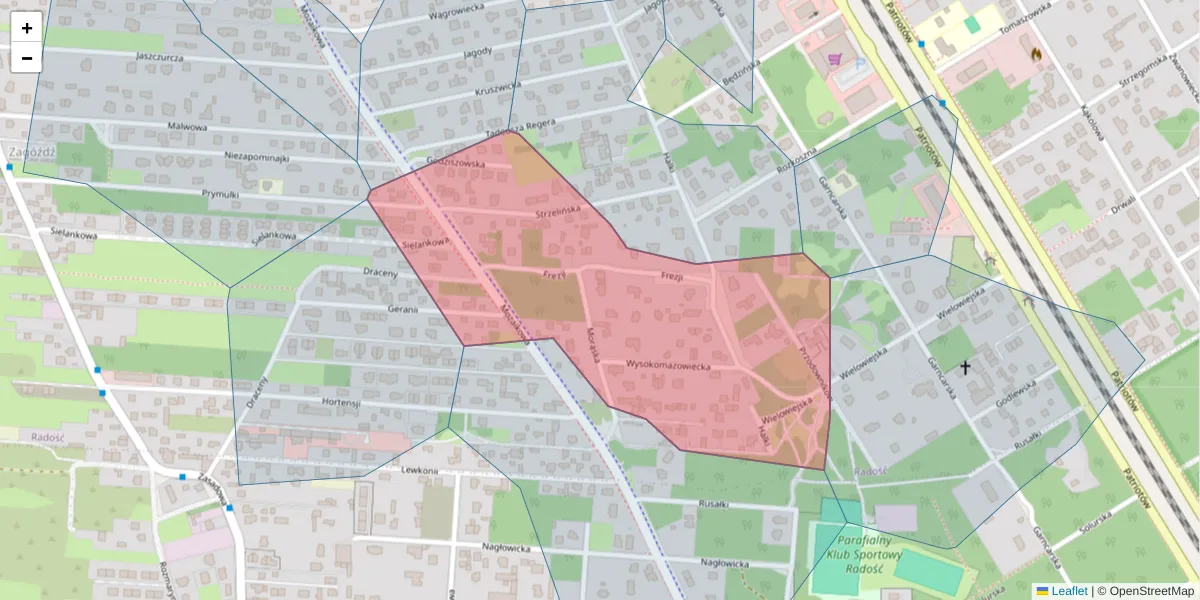 Szczegółowa mapa kodu pocztowego 04-883 z granicami, sąsiednimi kodami pocztowymi i urzędami pocztowymi