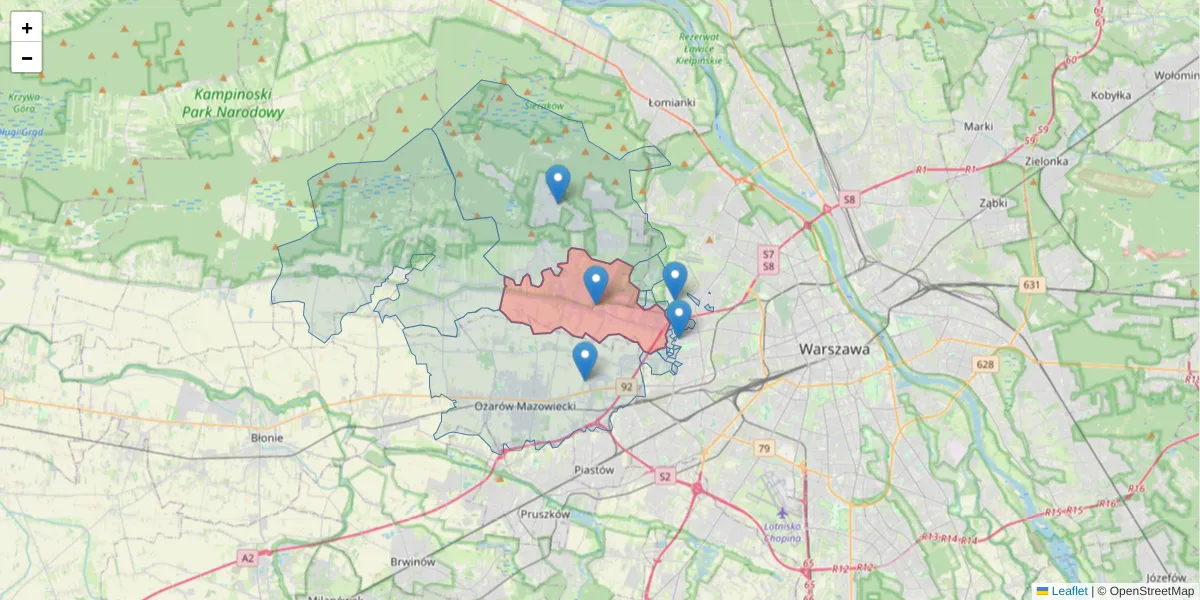 Szczegółowa mapa kodu pocztowego 05-082 z granicami, sąsiednimi kodami pocztowymi i urzędami pocztowymi