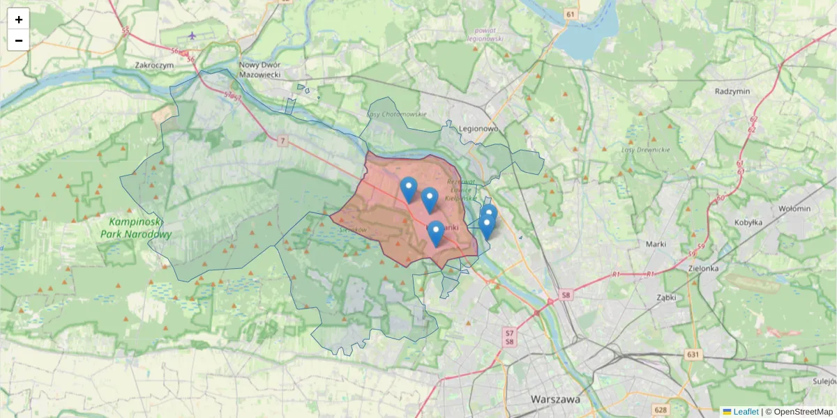Szczegółowa mapa kodu pocztowego 05-092 z granicami, sąsiednimi kodami pocztowymi i urzędami pocztowymi