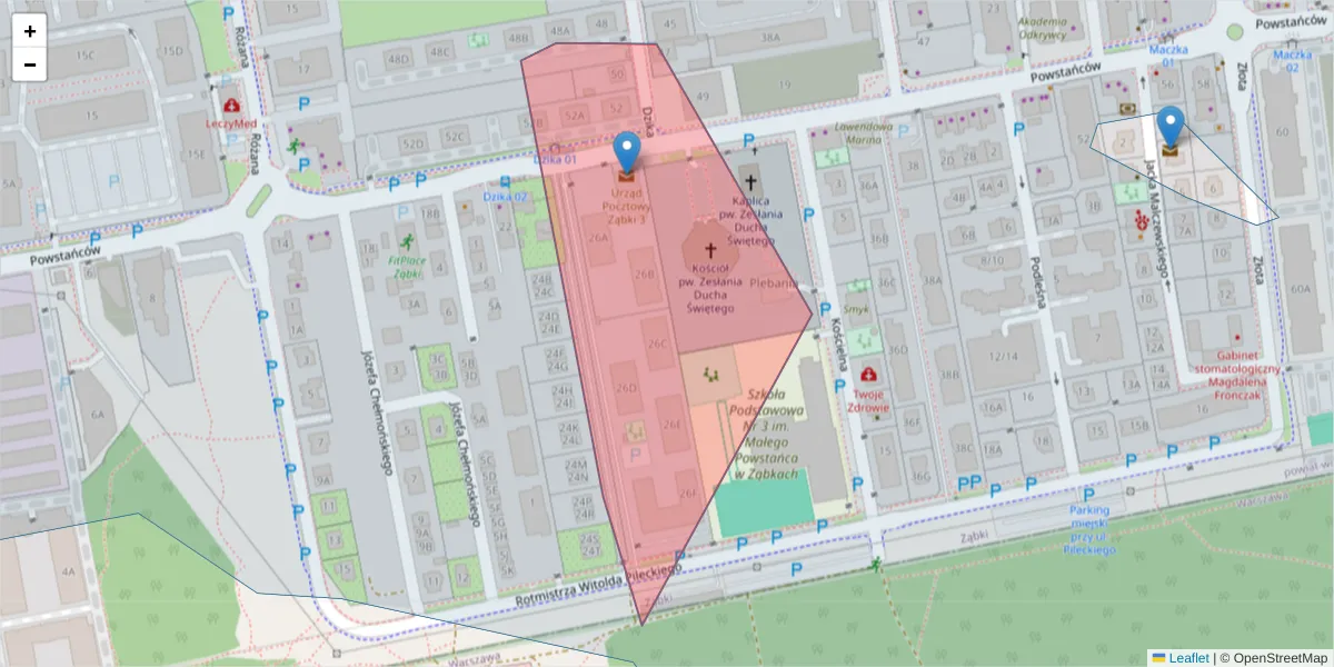Szczegółowa mapa kodu pocztowego 05-093 z granicami, sąsiednimi kodami pocztowymi i urzędami pocztowymi