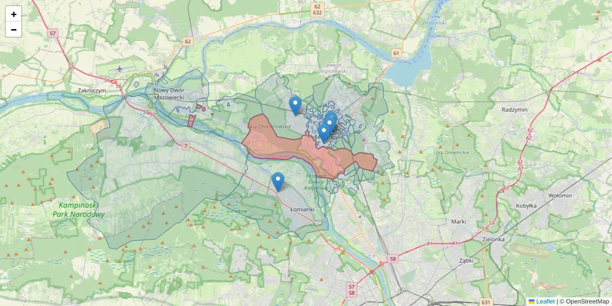 Szczegółowa mapa kodu pocztowego 05-110 z granicami, sąsiednimi kodami pocztowymi i urzędami pocztowymi