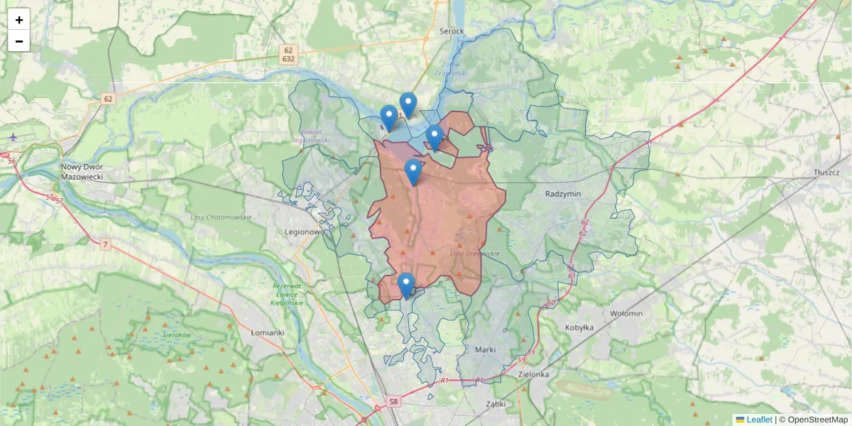 Szczegółowa mapa kodu pocztowego 05-126 z granicami, sąsiednimi kodami pocztowymi i urzędami pocztowymi