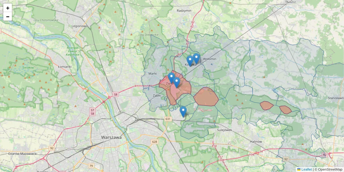 Szczegółowa mapa kodu pocztowego 05-220 z granicami, sąsiednimi kodami pocztowymi i urzędami pocztowymi