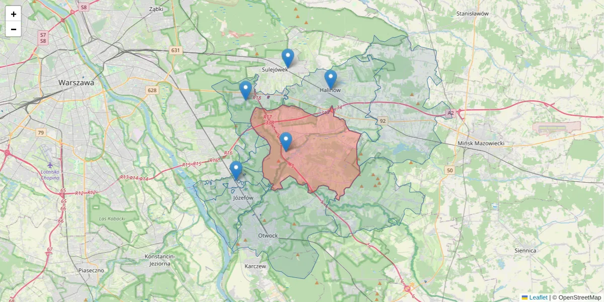 Szczegółowa mapa kodu pocztowego 05-462 z granicami, sąsiednimi kodami pocztowymi i urzędami pocztowymi
