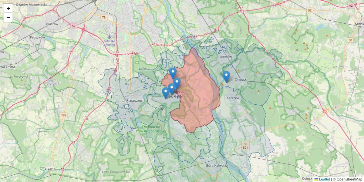 Szczegółowa mapa kodu pocztowego 05-520 z granicami, sąsiednimi kodami pocztowymi i urzędami pocztowymi