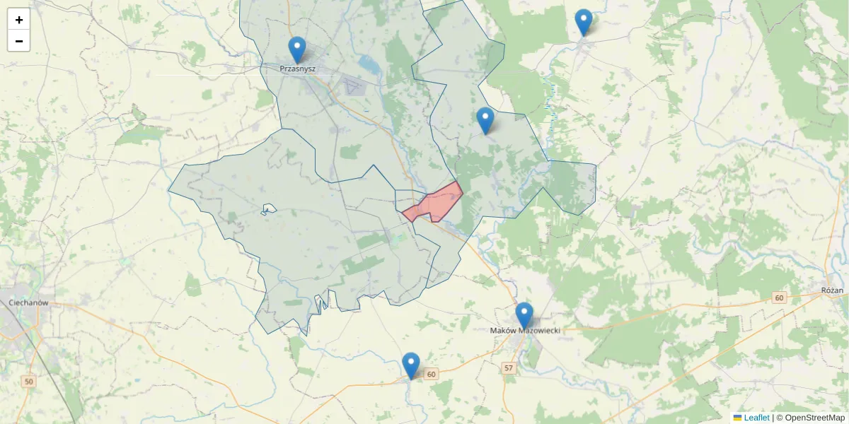 Szczegółowa mapa kodu pocztowego 06-211 z granicami, sąsiednimi kodami pocztowymi i urzędami pocztowymi
