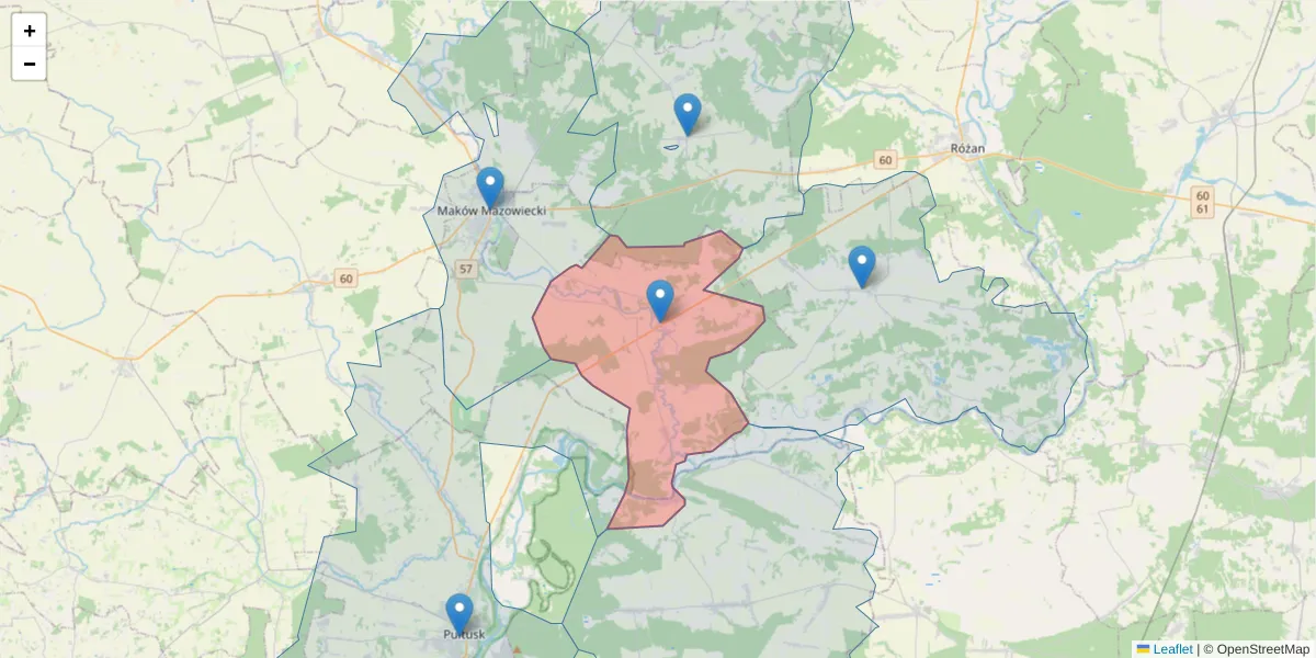 Szczegółowa mapa kodu pocztowego 06-220 z granicami, sąsiednimi kodami pocztowymi i urzędami pocztowymi