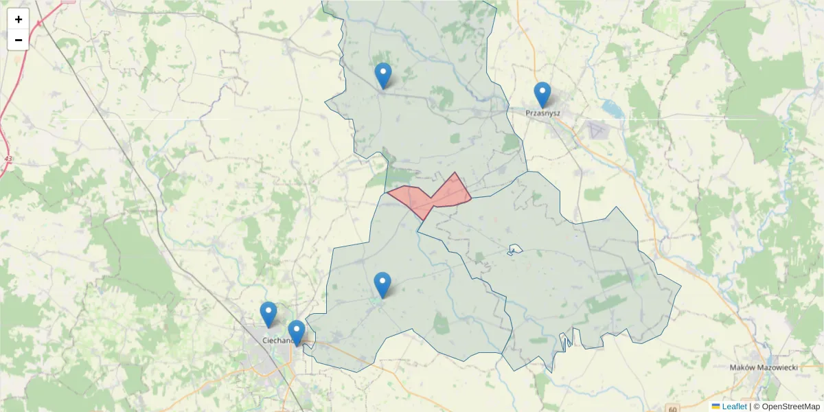 Szczegółowa mapa kodu pocztowego 06-404 z granicami, sąsiednimi kodami pocztowymi i urzędami pocztowymi