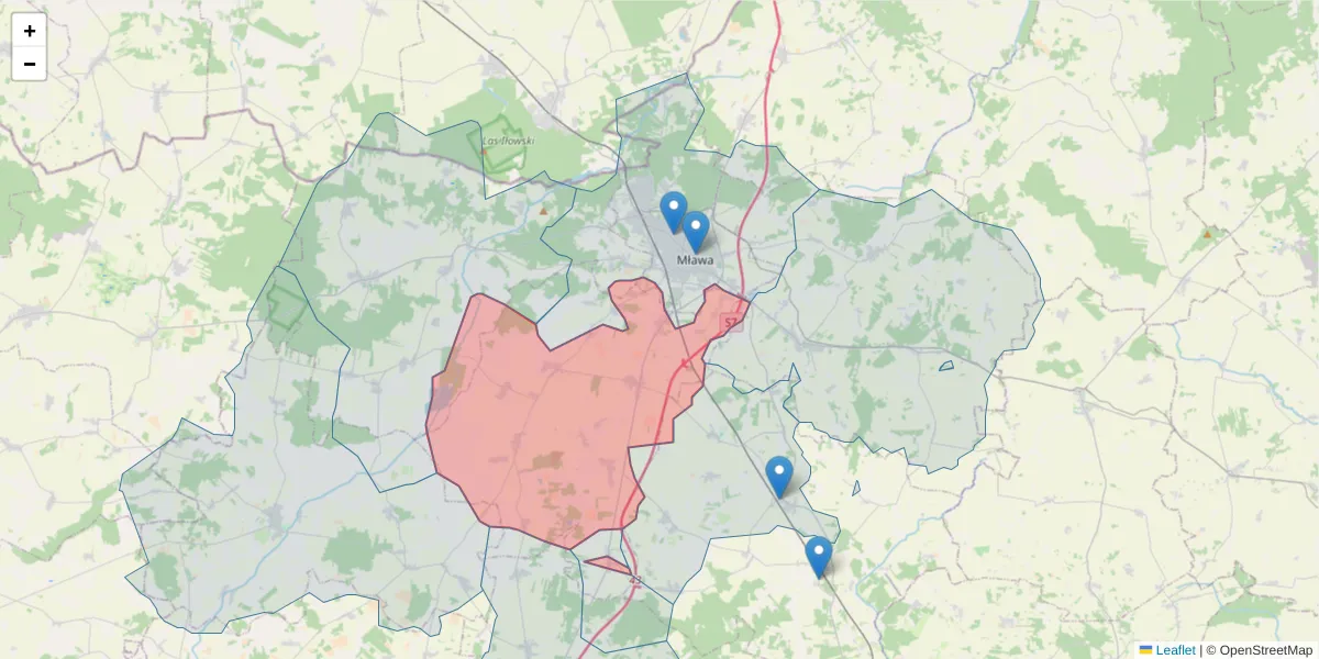 Szczegółowa mapa kodu pocztowego 06-521 z granicami, sąsiednimi kodami pocztowymi i urzędami pocztowymi
