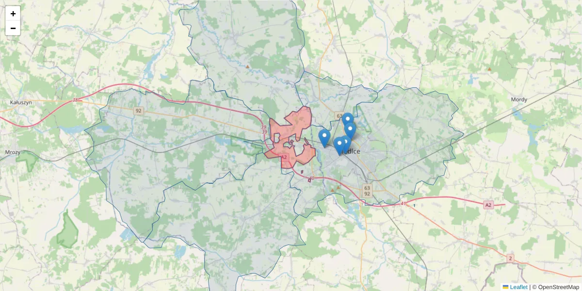 Szczegółowa mapa kodu pocztowego 08-103 z granicami, sąsiednimi kodami pocztowymi i urzędami pocztowymi
