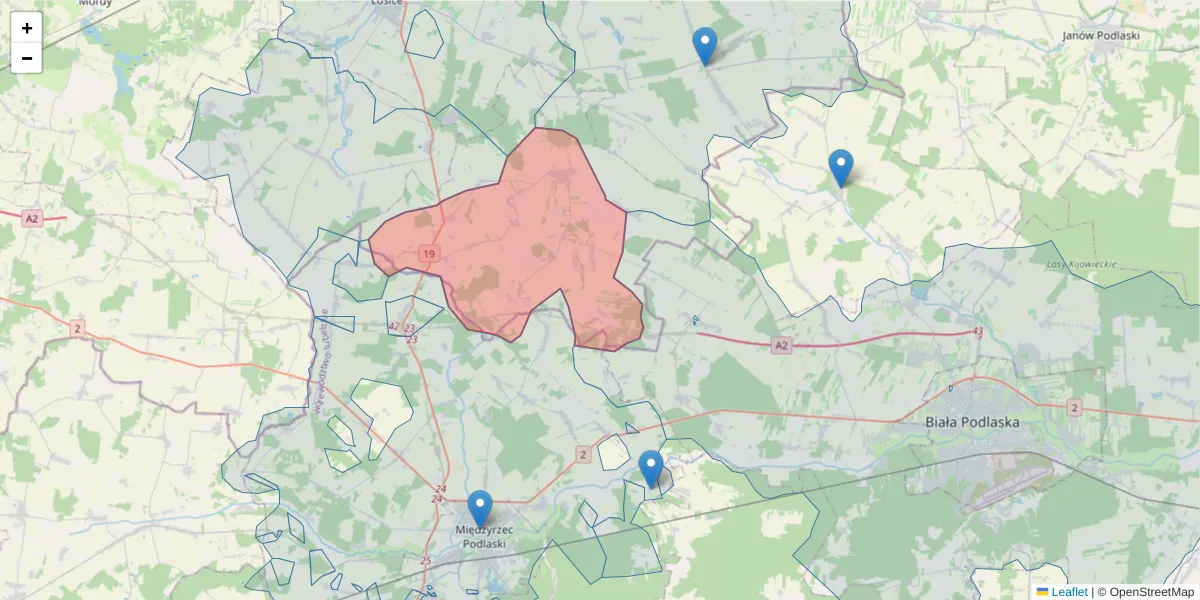 Szczegółowa mapa kodu pocztowego 08-206 z granicami, sąsiednimi kodami pocztowymi i urzędami pocztowymi