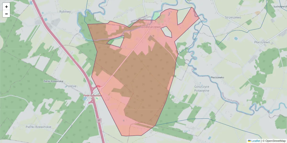 Szczegółowa mapa kodu pocztowego 09-105 z granicami, sąsiednimi kodami pocztowymi i urzędami pocztowymi