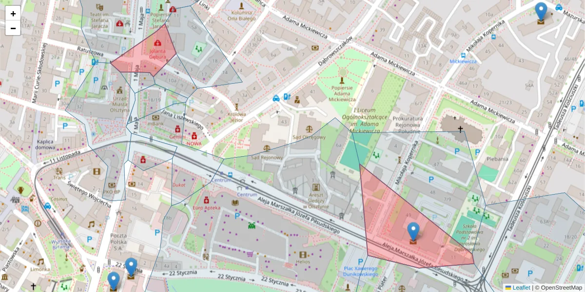 Szczegółowa mapa kodu pocztowego 10-001 z granicami, sąsiednimi kodami pocztowymi i urzędami pocztowymi
