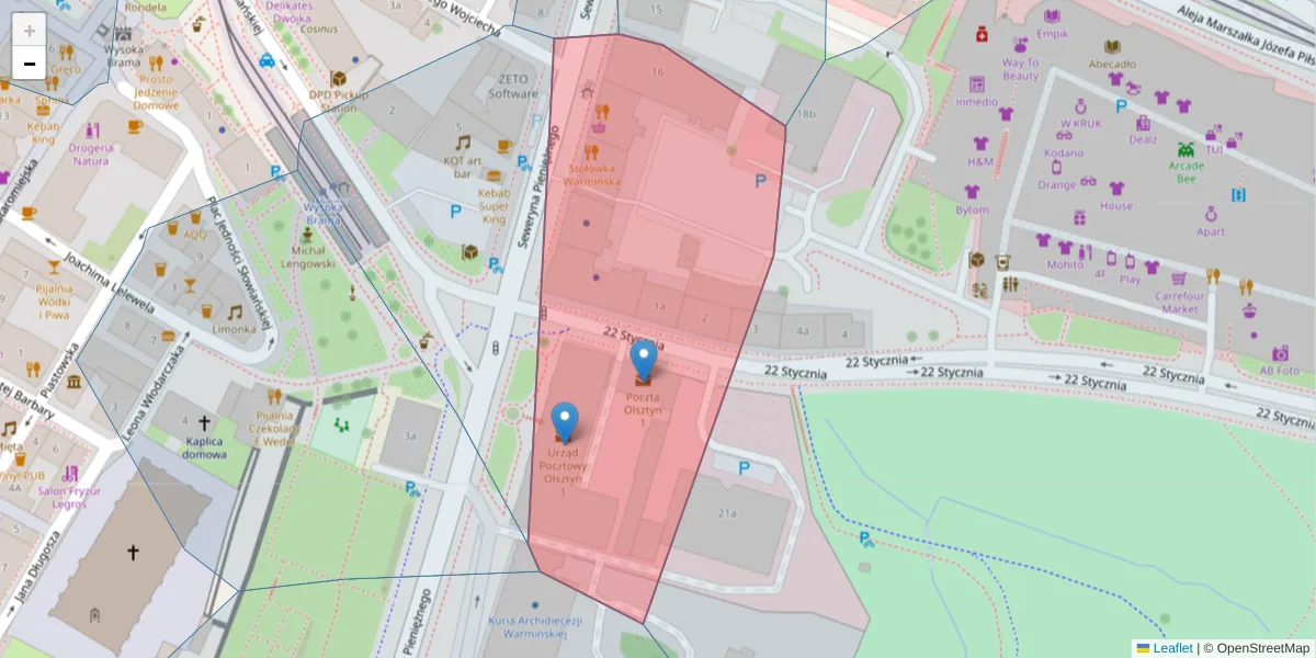 Szczegółowa mapa kodu pocztowego 10-006 z granicami, sąsiednimi kodami pocztowymi i urzędami pocztowymi