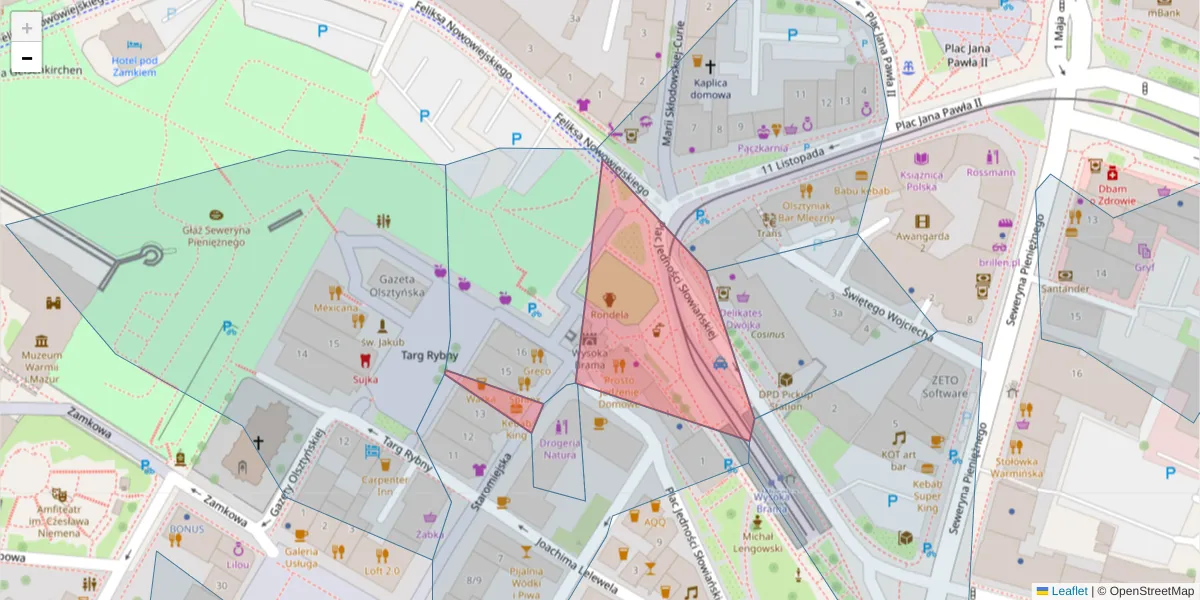 Szczegółowa mapa kodu pocztowego 10-017 z granicami, sąsiednimi kodami pocztowymi i urzędami pocztowymi
