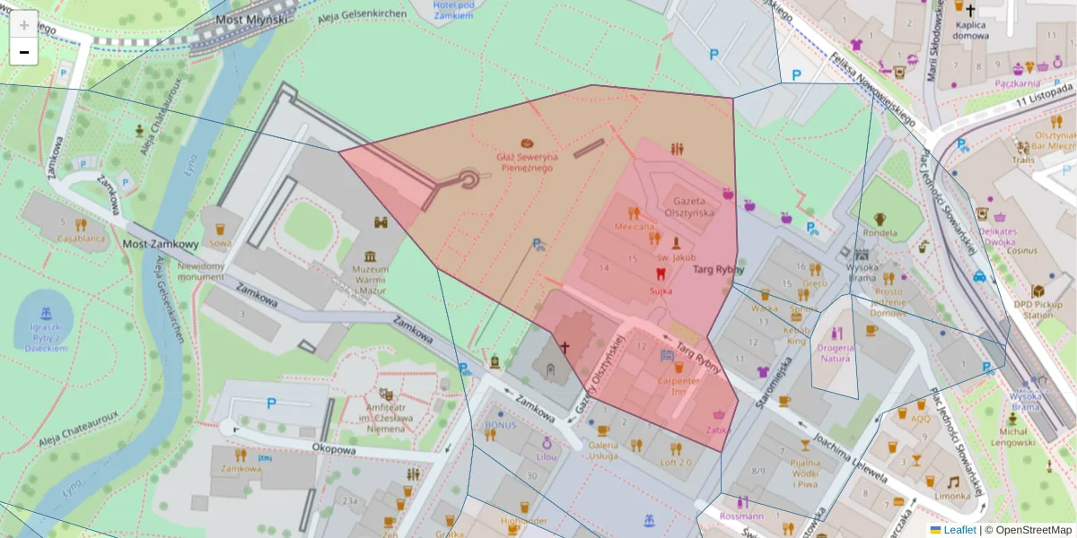 Szczegółowa mapa kodu pocztowego 10-020 z granicami, sąsiednimi kodami pocztowymi i urzędami pocztowymi