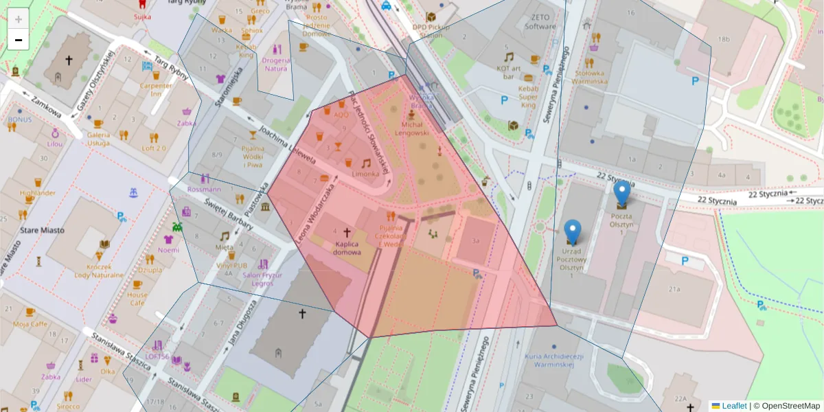 Szczegółowa mapa kodu pocztowego 10-021 z granicami, sąsiednimi kodami pocztowymi i urzędami pocztowymi