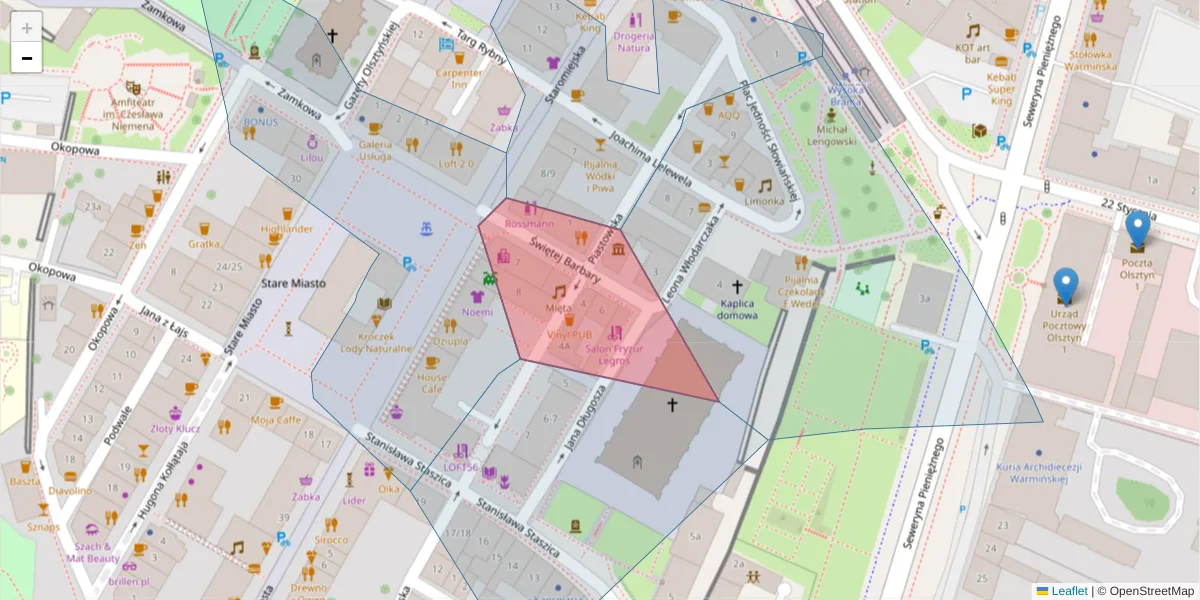 Szczegółowa mapa kodu pocztowego 10-022 z granicami, sąsiednimi kodami pocztowymi i urzędami pocztowymi