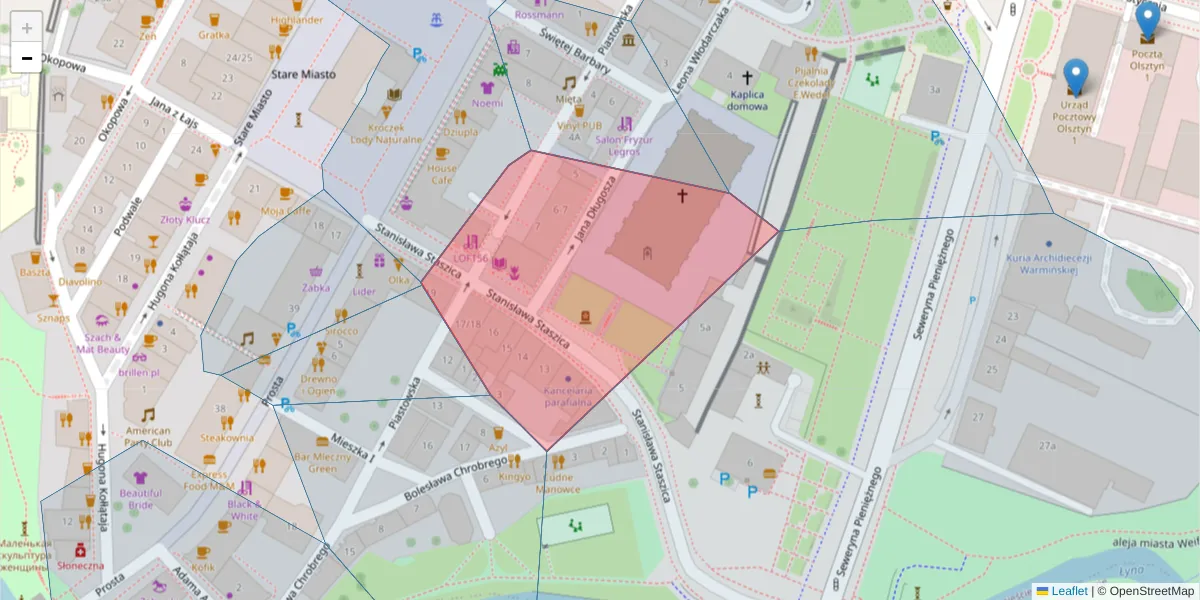 Szczegółowa mapa kodu pocztowego 10-023 z granicami, sąsiednimi kodami pocztowymi i urzędami pocztowymi