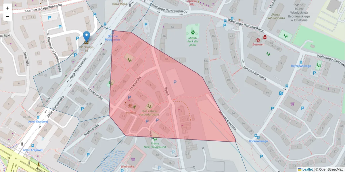 Szczegółowa mapa kodu pocztowego 10-059 z granicami, sąsiednimi kodami pocztowymi i urzędami pocztowymi