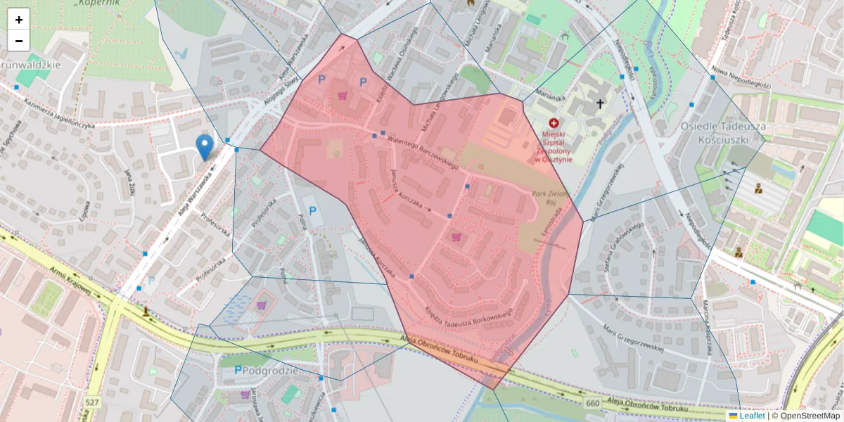 Szczegółowa mapa kodu pocztowego 10-061 z granicami, sąsiednimi kodami pocztowymi i urzędami pocztowymi