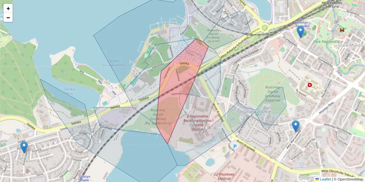 Szczegółowa mapa kodu pocztowego 10-063 z granicami, sąsiednimi kodami pocztowymi i urzędami pocztowymi