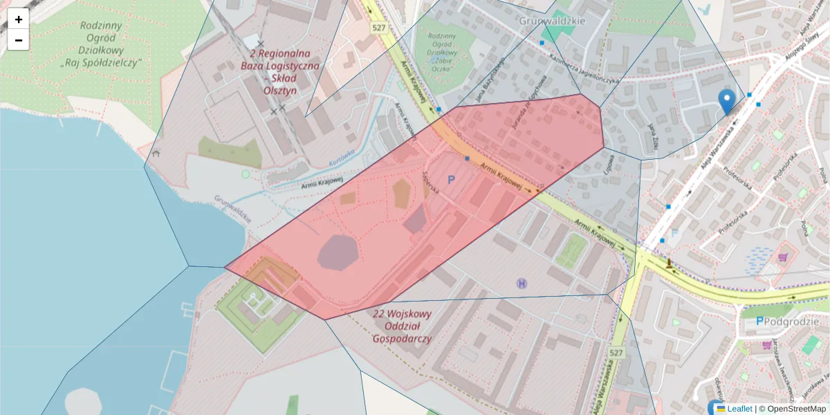 Szczegółowa mapa kodu pocztowego 10-065 z granicami, sąsiednimi kodami pocztowymi i urzędami pocztowymi
