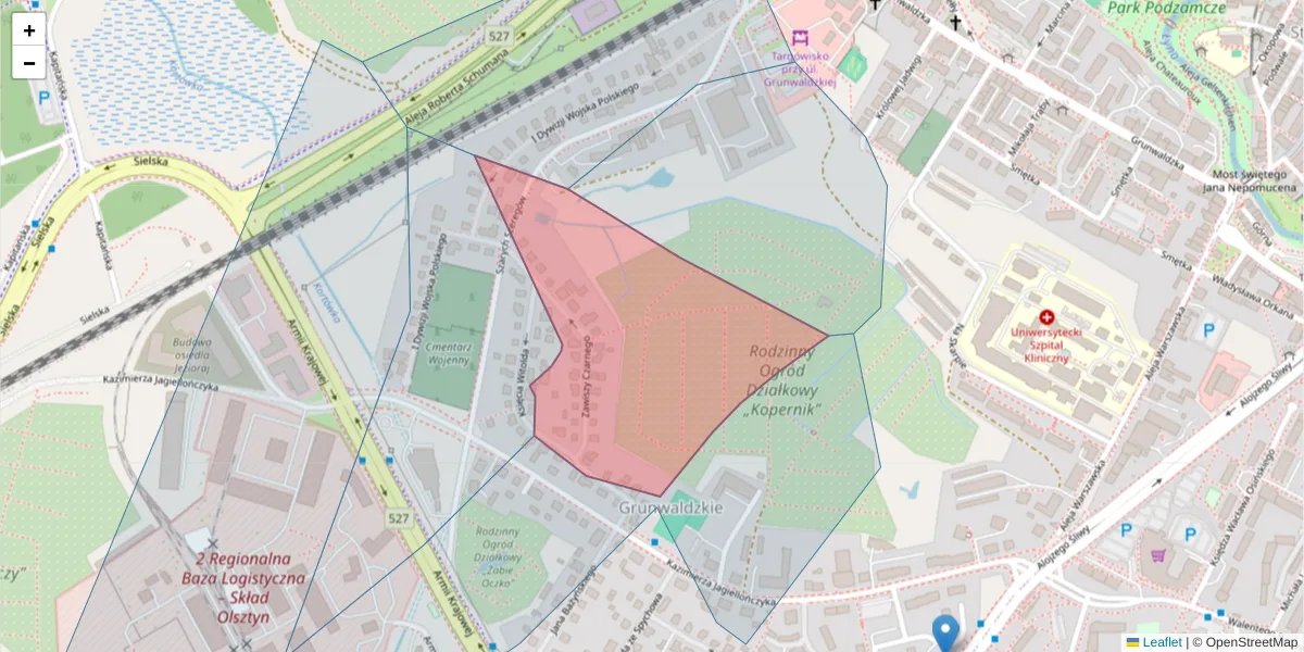 Szczegółowa mapa kodu pocztowego 10-068 z granicami, sąsiednimi kodami pocztowymi i urzędami pocztowymi