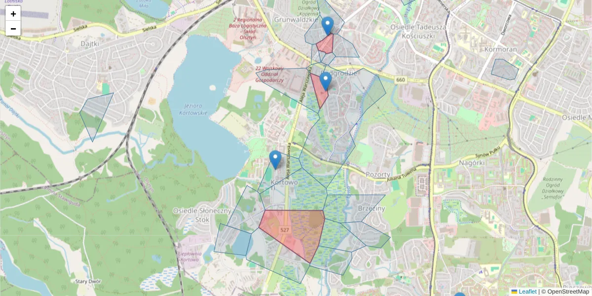 Szczegółowa mapa kodu pocztowego 10-083 z granicami, sąsiednimi kodami pocztowymi i urzędami pocztowymi