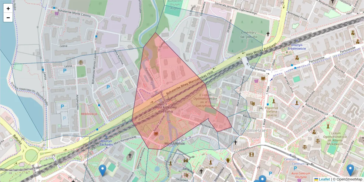 Szczegółowa mapa kodu pocztowego 10-105 z granicami, sąsiednimi kodami pocztowymi i urzędami pocztowymi