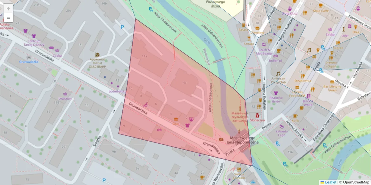 Szczegółowa mapa kodu pocztowego 10-124 z granicami, sąsiednimi kodami pocztowymi i urzędami pocztowymi